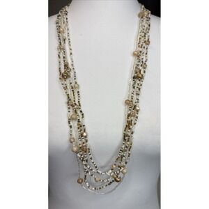 Boho Multi Strand Beaded Necklace Neutral Seed Bead Layered